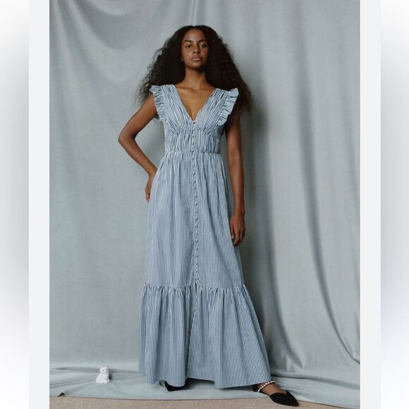 o.p.t Dresses & Skirts - O. P. T.  Stella Blue & White Striped Tiered Ruffle Midi Maxi Dress Size Medium